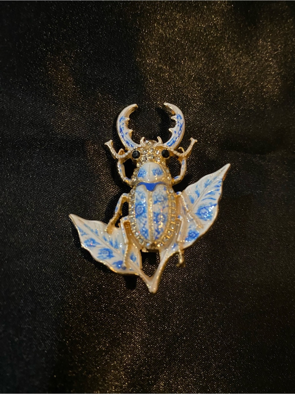 Blue Enamel Beetle Brooch with Gold-Tone Accents